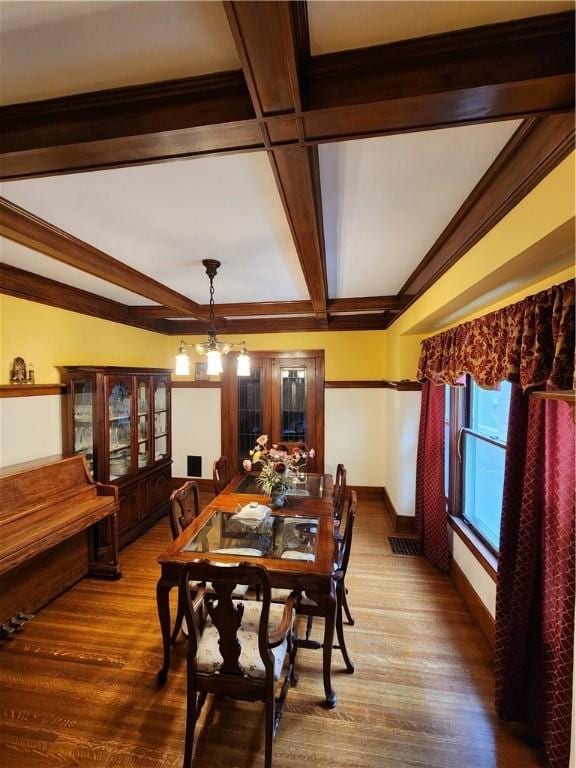 83 Vermont St, Rochester, NY 14609 - dining space featuring wood finished floors, beam ceiling, coffered ceiling, and baseboards