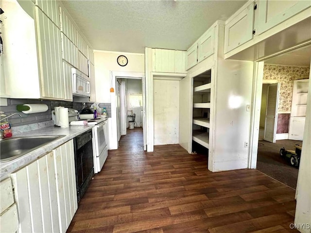 4 S St, Belfast, NY 14711 - kitchen featuring white appliances, dark wood finished floors, a sink, decorative backsplash, and light countertops