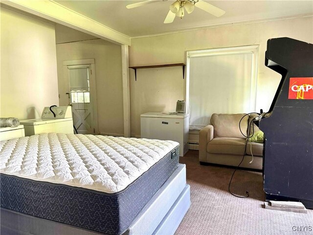 4 S St, Belfast, NY 14711 - carpeted bedroom with washing machine and clothes dryer, ceiling fan, a baseboard heating unit, and refrigerator