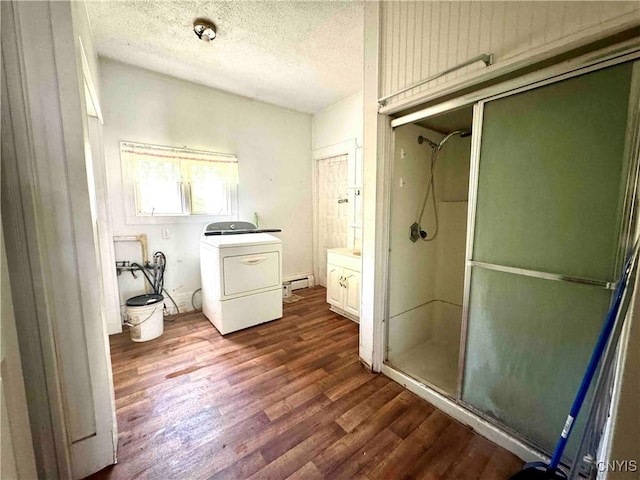 4 S St, Belfast, NY 14711 - bathroom featuring washer / clothes dryer, a shower stall, wood finished floors, vanity, and a textured ceiling