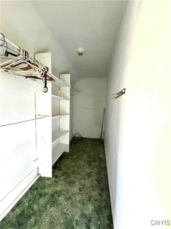 4 S St, Belfast, NY 14711 - walk in closet featuring dark colored carpet and vaulted ceiling