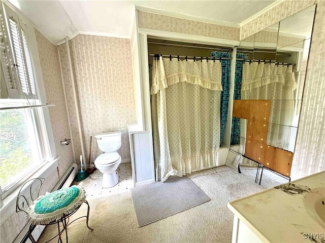 4 S St, Belfast, NY 14711 - bathroom featuring wallpapered walls, ornamental molding, baseboard heating, toilet, and a shower with shower curtain