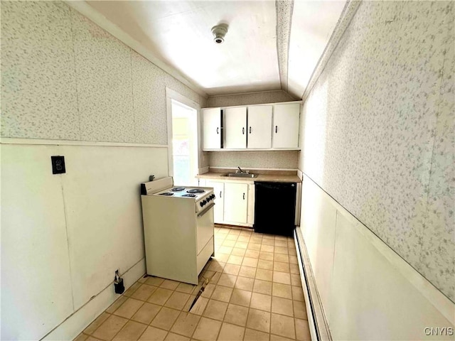 4 S St, Belfast, NY 14711 - kitchen with white range with electric stovetop, black dishwasher, wallpapered walls, a baseboard radiator, and wainscoting