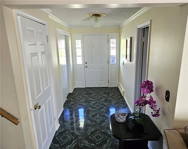 11 Donna Marie Cir, Gates, NY 14606 - foyer entrance featuring a baseboard radiator, dark marble finish flooring, crown molding, and baseboards