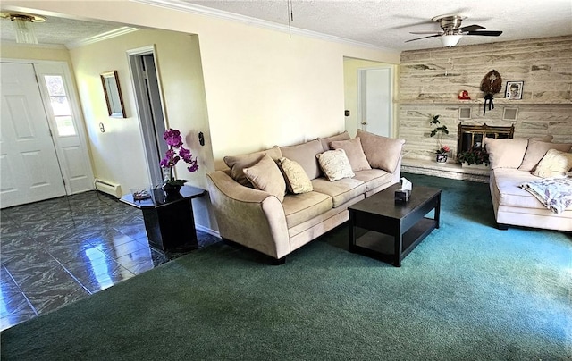11 Donna Marie Cir, Gates, NY 14606 - living area featuring a baseboard radiator, a ceiling fan, crown molding, a textured ceiling, and a fireplace