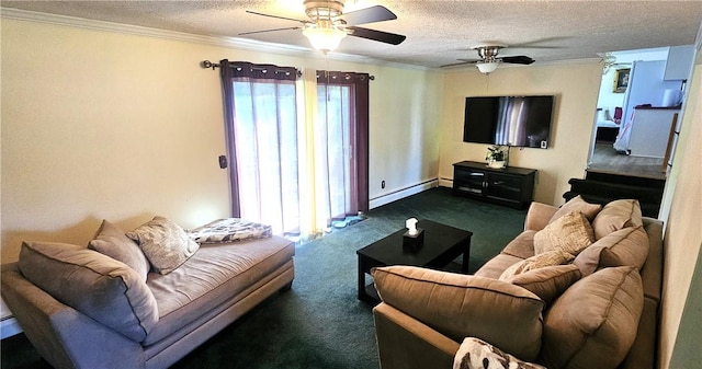 11 Donna Marie Cir, Gates, NY 14606 - living area with ceiling fan, a baseboard heating unit, a textured ceiling, dark carpet, and ornamental molding