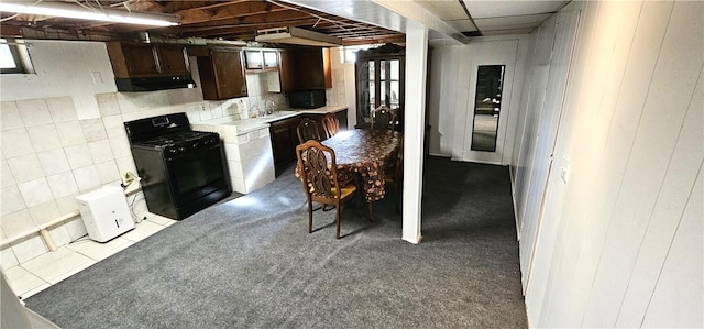 11 Donna Marie Cir, Gates, NY 14606 - kitchen with black range with gas stovetop, ventilation hood, light countertops, dark brown cabinetry, and a sink