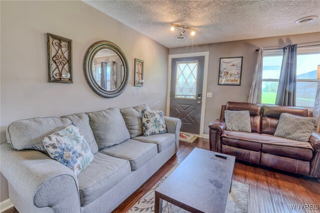 26 Pine Tree Village Rd Unit 26, Ellicottville, NY 14731 - living area with plenty of natural light, a textured ceiling, dark wood-type flooring, and baseboards