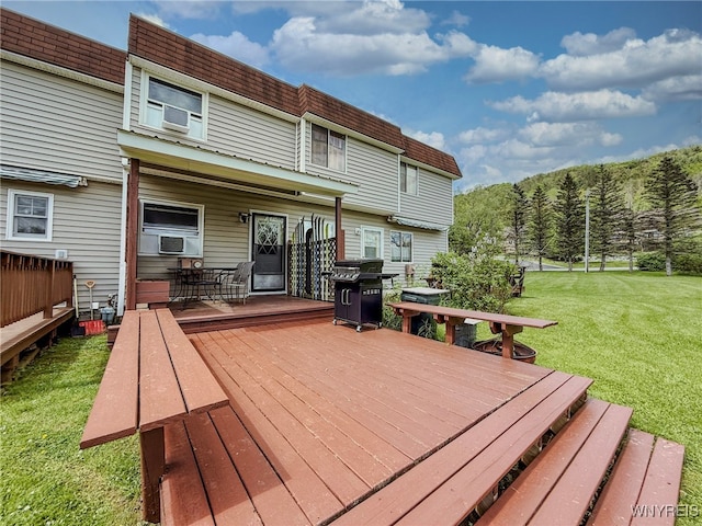 26 Pine Tree Village Rd Unit 26, Ellicottville, NY 14731 - wooden terrace featuring a grill, a yard, cooling unit, and outdoor dining area