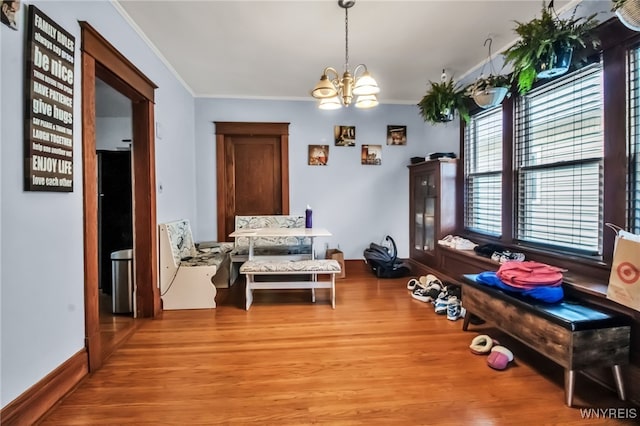 75 N Park Ave, Buffalo, NY 14216 - living area with ornamental molding, a chandelier, and wood finished floors