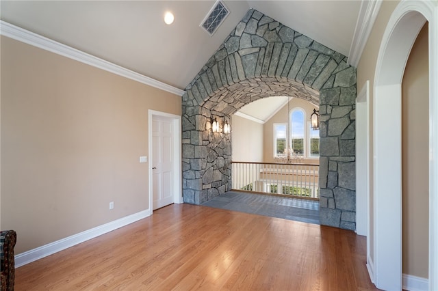 436 Steuben St, Reading, NY 14891 - unfurnished living room featuring vaulted ceiling, wood finished floors, ornamental molding, and baseboards