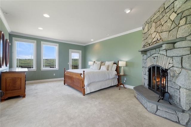436 Steuben St, Reading, NY 14891 - bedroom with ornamental molding, light carpet, a stone fireplace, baseboards, and recessed lighting