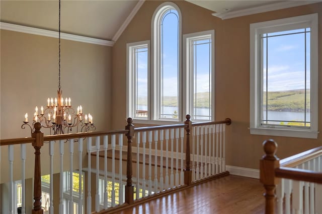 436 Steuben St, Reading, NY 14891 - corridor with a water view, wood finished floors, an upstairs landing, baseboards, and a chandelier