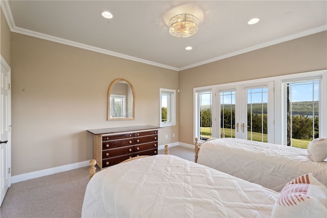 436 Steuben St, Reading, NY 14891 - carpeted bedroom featuring access to exterior, baseboards, french doors, crown molding, and recessed lighting