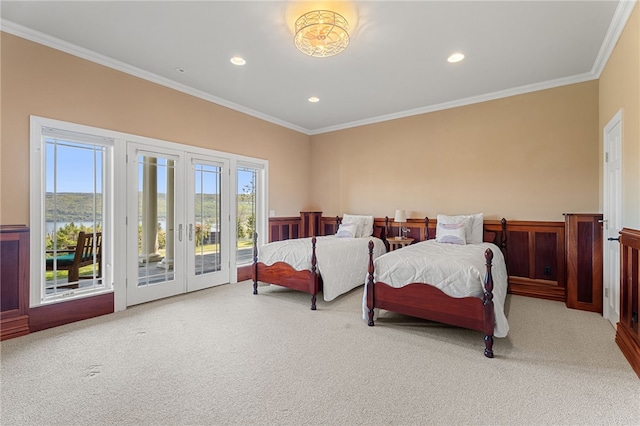 436 Steuben St, Reading, NY 14891 - carpeted bedroom featuring access to exterior, ornamental molding, recessed lighting, a wainscoted wall, and french doors