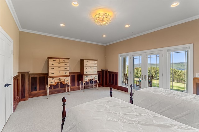 436 Steuben St, Reading, NY 14891 - bedroom featuring carpet, access to outside, crown molding, a wainscoted wall, and recessed lighting