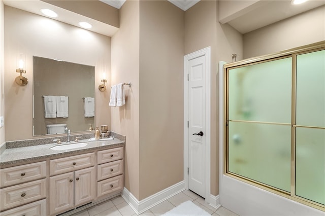 436 Steuben St, Reading, NY 14891 - bathroom featuring combined bath / shower with glass door, vanity, tile patterned flooring, baseboards, and recessed lighting