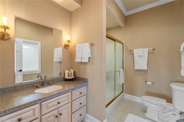 436 Steuben St, Reading, NY 14891 - full bathroom with toilet, a shower stall, tile patterned flooring, crown molding, and vanity