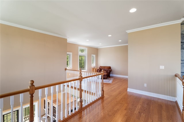 436 Steuben St, Reading, NY 14891 - corridor featuring an upstairs landing, wood finished floors, baseboards, recessed lighting, and ornamental molding