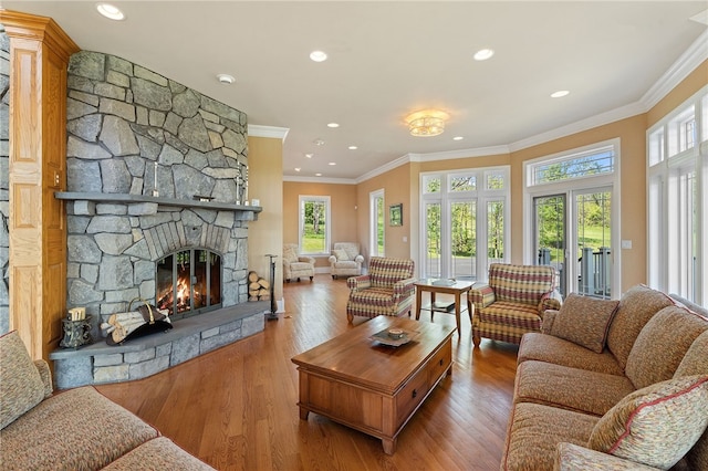 436 Steuben St, Reading, NY 14891 - living room featuring ornamental molding, a fireplace, wood finished floors, and recessed lighting