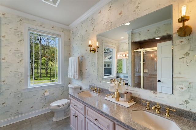 436 Steuben St, Reading, NY 14891 - full bathroom with ornamental molding, wallpapered walls, a stall shower, double vanity, and toilet