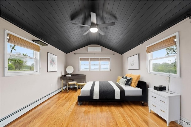 3583 W Seneca Tpke, Onondaga, NY 13215 - bedroom featuring a baseboard radiator, lofted ceiling, light wood-style flooring, wood ceiling, and a wall unit AC