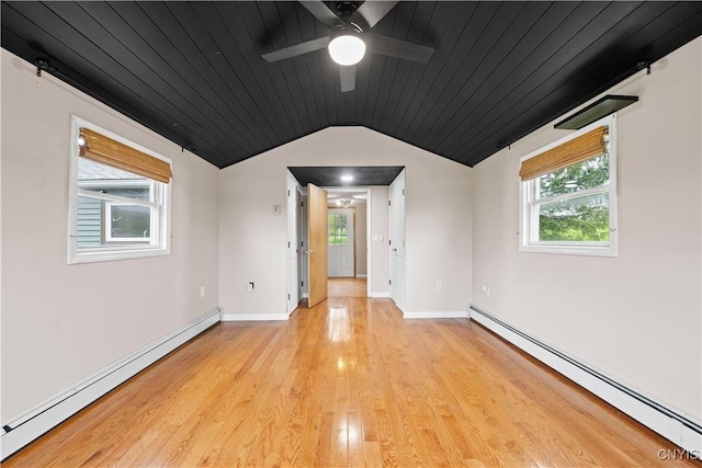 3583 W Seneca Tpke, Onondaga, NY 13215 - spare room with a baseboard heating unit, vaulted ceiling, light wood-style flooring, wooden ceiling, and ceiling fan