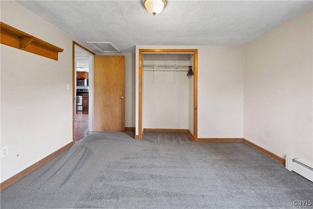 3583 W Seneca Tpke, Onondaga, NY 13215 - unfurnished bedroom with attic access, carpet flooring, a baseboard radiator, and baseboards