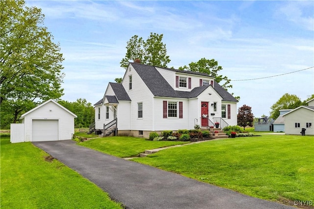 915 W Thomas St, Rome-Inside, NY 13440 - view of front facade featuring an outdoor structure, a garage, a shingled roof, a chimney, and asphalt driveway