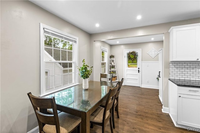 915 W Thomas St, Rome-Inside, NY 13440 - dining room with dark wood finished floors, recessed lighting, baseboards, and wainscoting