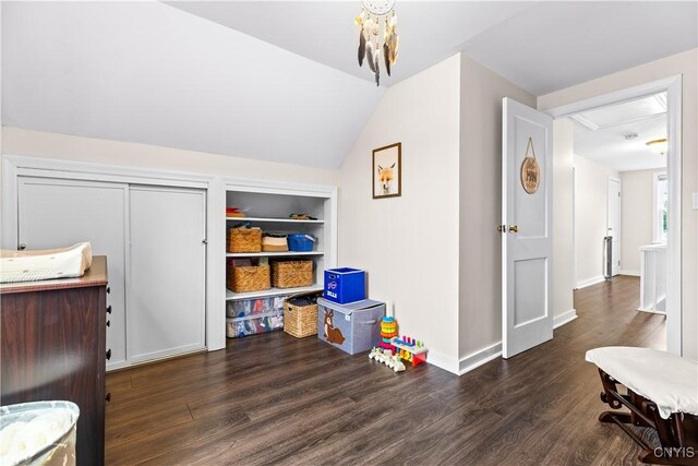 915 W Thomas St, Rome-Inside, NY 13440 - playroom with wood finished floors, baseboards, a chandelier, and lofted ceiling
