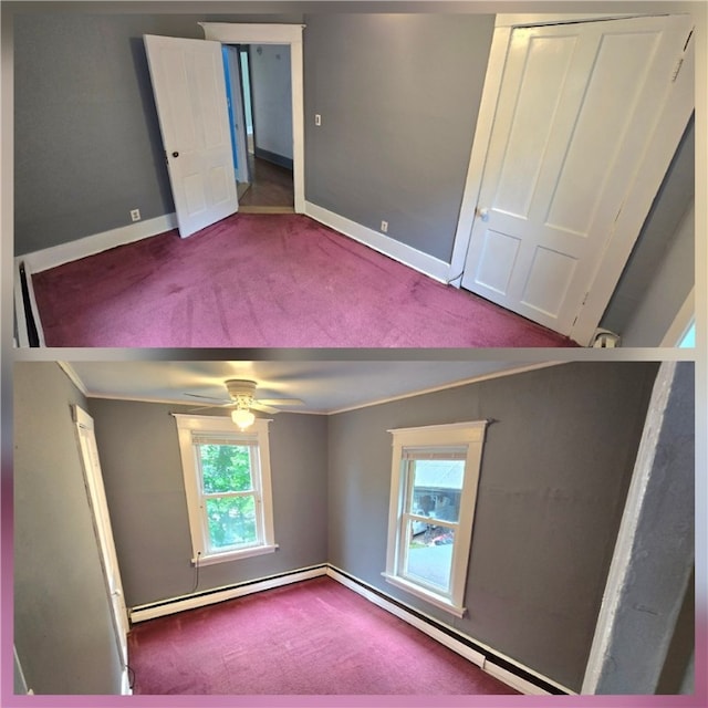104 Main St, Stamford, NY 12167 - spare room with carpet, baseboard heating, baseboards, a ceiling fan, and ornamental molding