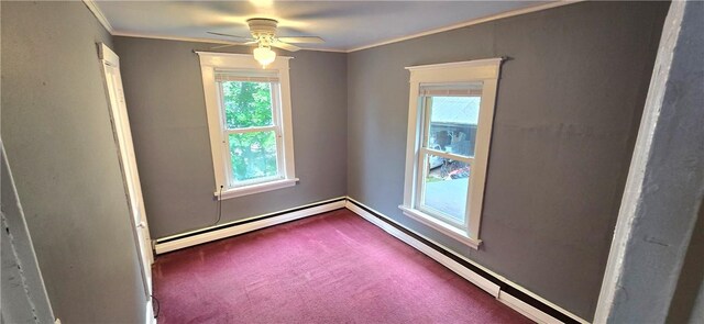 104 Main St, Stamford, NY 12167 - carpeted empty room featuring ornamental molding, a baseboard heating unit, and a ceiling fan