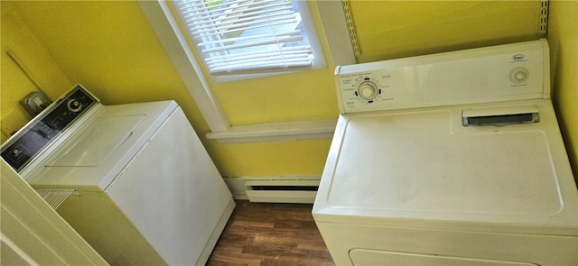 104 Main St, Stamford, NY 12167 - laundry area featuring independent washer and dryer, baseboard heating, and dark wood-style floors