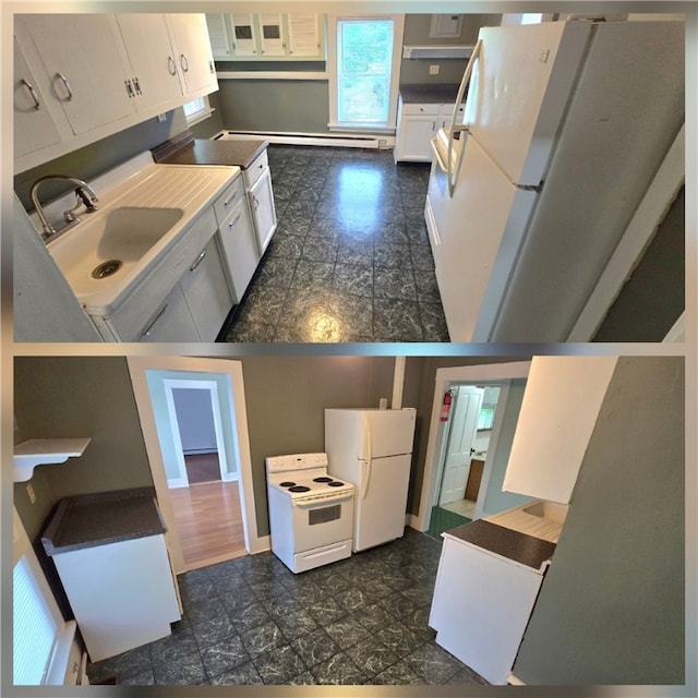 104 Main St, Stamford, NY 12167 - kitchen featuring white appliances, white cabinetry, baseboard heating, and a sink