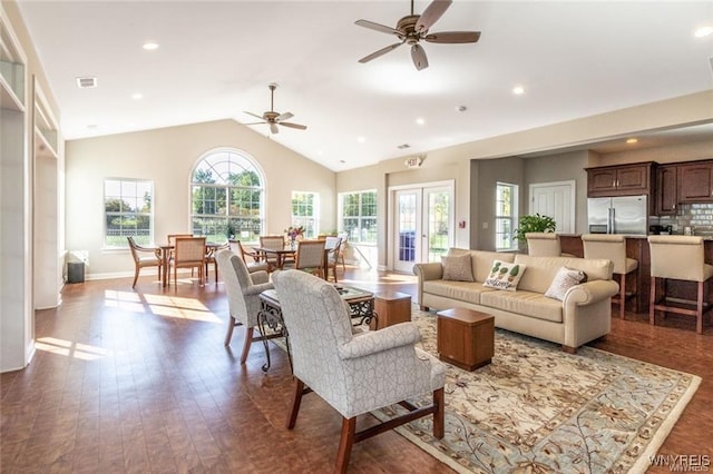 5692 Ferncrest Ct Unit B, Clarence, NY 14032 - living area with ceiling fan, lofted ceiling, recessed lighting, dark wood-type flooring, and baseboards
