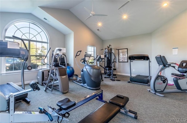 5692 Ferncrest Ct Unit B, Clarence, NY 14032 - workout area featuring lofted ceiling, healthy amount of natural light, baseboards, a ceiling fan, and recessed lighting