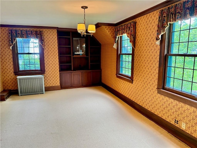 700 Rock Beach Rd, Irondequoit, NY 14617 - unfurnished dining area with radiator heating unit, wallpapered walls, a chandelier, plenty of natural light, and baseboards