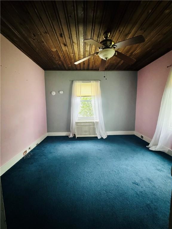 218 Grant St, Elmira-City, NY 14901 - spare room featuring radiator, wood ceiling, dark carpet, baseboards, and a ceiling fan
