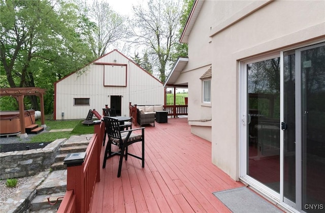 8929 State Route 12e, Lyme, NY 13622 - wooden deck with a hot tub and a barn
