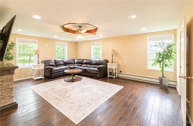 8929 State Route 12e, Lyme, NY 13622 - living area featuring plenty of natural light, ceiling fan, dark wood-type flooring, baseboards, and recessed lighting