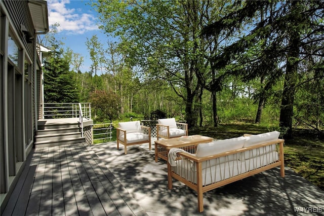 52 Hidden Pines Ct, Amherst, NY 14051 - wooden terrace with an outdoor living space and a wooded view