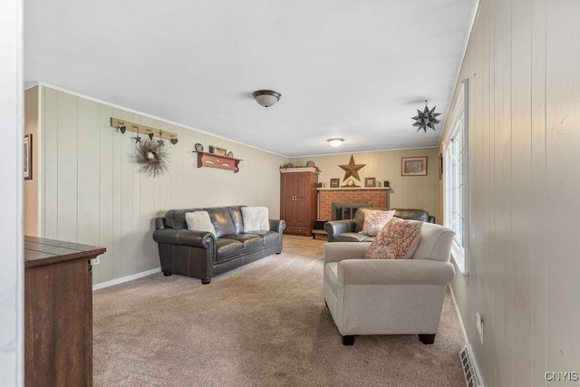 106 Hillside Way, Camillus, NY 13031 - living area with carpet floors, a fireplace, and wood walls
