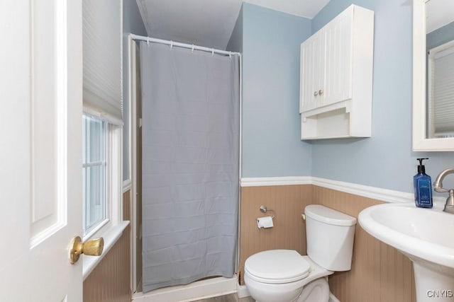 106 Hillside Way, Camillus, NY 13031 - bathroom with wainscoting, toilet, a stall shower, and a sink