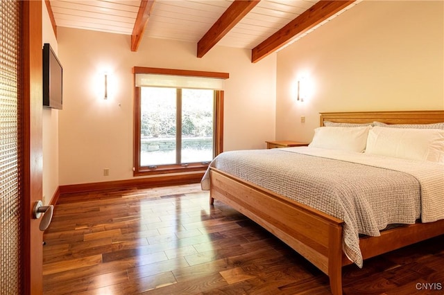 9182 S Rhodes Rd, Lodi, NY 14860 - bedroom featuring dark wood-style floors, wood ceiling with exposed beams, and baseboards