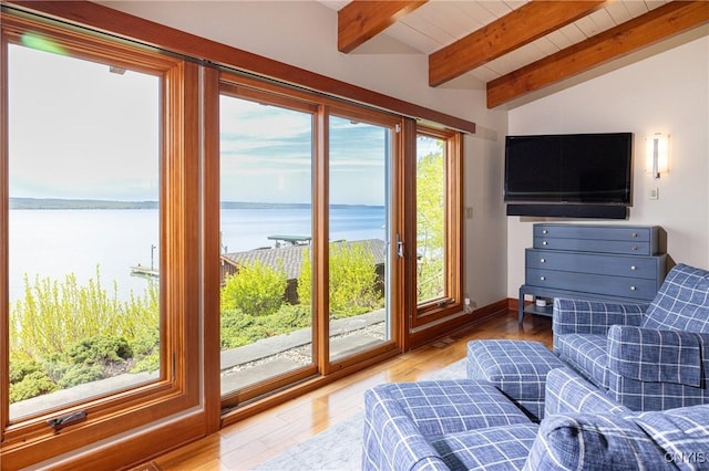 9182 S Rhodes Rd, Lodi, NY 14860 - living area with a water view, wood finished floors, and wood ceiling
