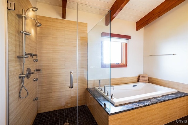 9182 S Rhodes Rd, Lodi, NY 14860 - bathroom with beam ceiling, a stall shower, and a bath
