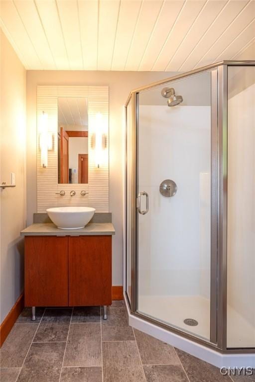 9182 S Rhodes Rd, Lodi, NY 14860 - full bathroom featuring vanity, a stall shower, and baseboards