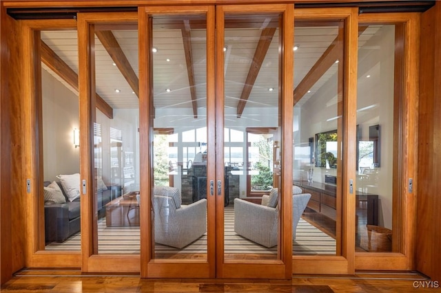 9182 S Rhodes Rd, Lodi, NY 14860 - entryway with french doors, wood finished floors, and wood ceiling