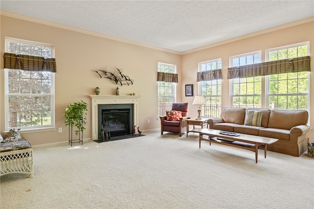 4166 Angela Way, Gorham, NY 14424 - living room featuring crown molding, carpet flooring, a fireplace with flush hearth, baseboards, and a textured ceiling
